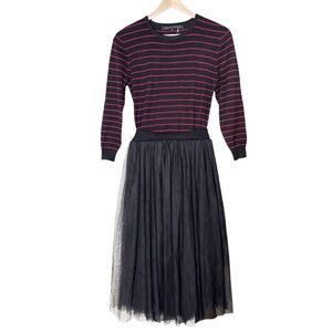 English Factory Twofer Sweater Tulle Midi Dress Size M Black Burgundy Stripe